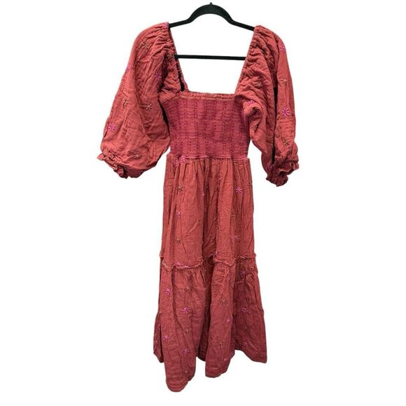 Free People Dahlia Embroidered Maxi Dress XS Rust Coral Smocked Boho Cotton - Picture 3 of 14